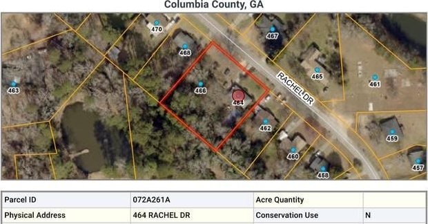 464 Rachel Dr, Evans, GA 30809 - aerial view of property's location with property boundaries highlighted