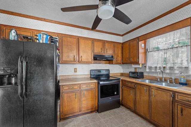 464 Rachel Dr, Evans, GA 30809 - kitchen featuring black fridge with ice dispenser, electric range oven, under cabinet range hood, wallpapered walls, and brown cabinetry