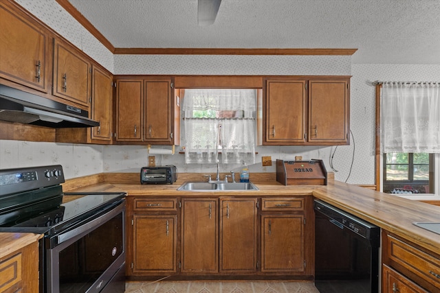 464 Rachel Dr, Evans, GA 30809 - kitchen featuring stainless steel electric stove, dishwasher, wallpapered walls, under cabinet range hood, and a textured ceiling