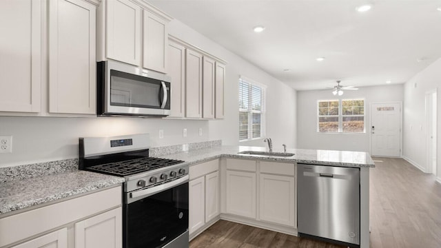 kitchen with a sink, wood finished floors, appliances with stainless steel finishes, a peninsula, and ceiling fan