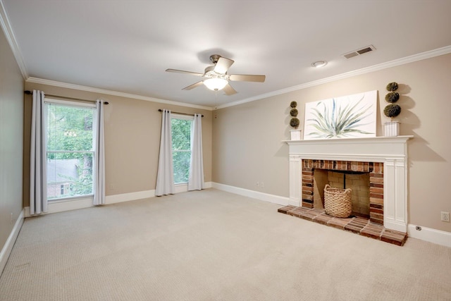 615 Stevens Xing, Augusta, GA 30907 - unfurnished living room with carpet, a fireplace, ornamental molding, and a ceiling fan