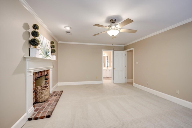 615 Stevens Xing, Augusta, GA 30907 - unfurnished living room featuring ceiling fan, light carpet, ornamental molding, and a fireplace