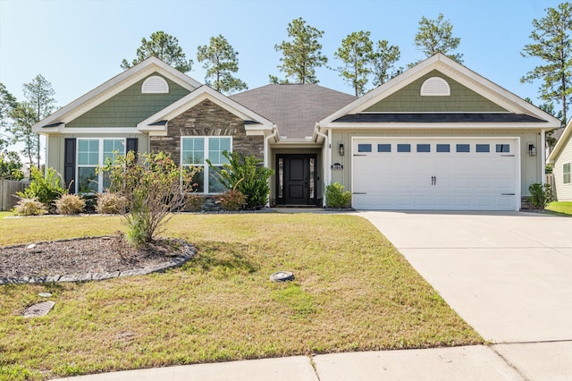 5174 Copse Dr, Augusta, GA 30909 - ranch-style house with stone siding, an attached garage, a front lawn, concrete driveway, and board and batten siding