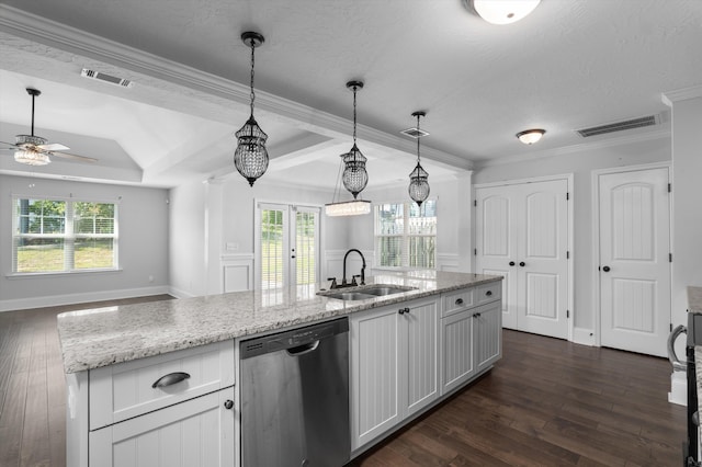 5174 Copse Dr, Augusta, GA 30909 - kitchen featuring stainless steel dishwasher, dark wood-type flooring, open floor plan, ceiling fan, and light stone countertops