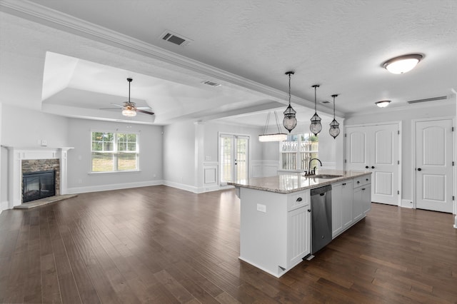 5174 Copse Dr, Augusta, GA 30909 - kitchen featuring dishwasher, a tray ceiling, a fireplace, light stone counters, and a ceiling fan
