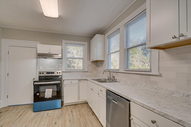 kitchen featuring under cabinet range hood, a sink, backsplash, and appliances with stainless steel finishes