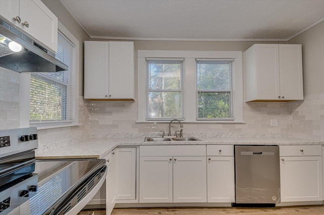 kitchen with white cabinets, under cabinet range hood, a sink, and appliances with stainless steel finishes