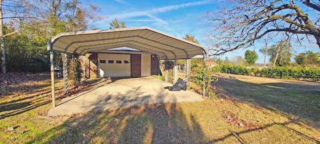 exterior space featuring a garage, a lawn, and a carport