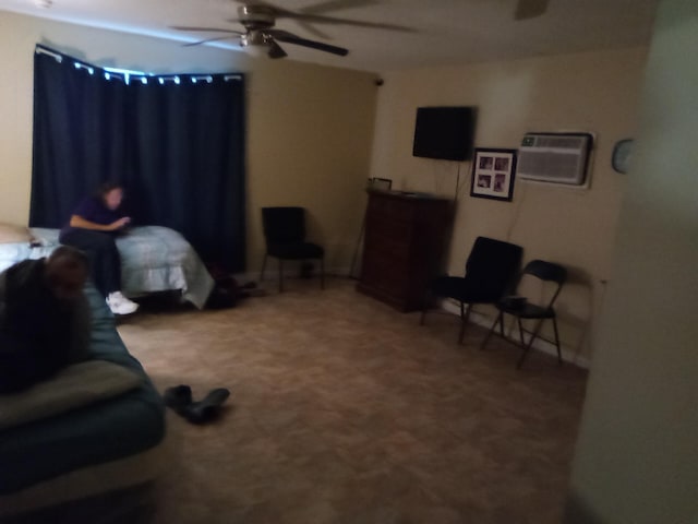 carpeted living room with ceiling fan and a wall mounted air conditioner