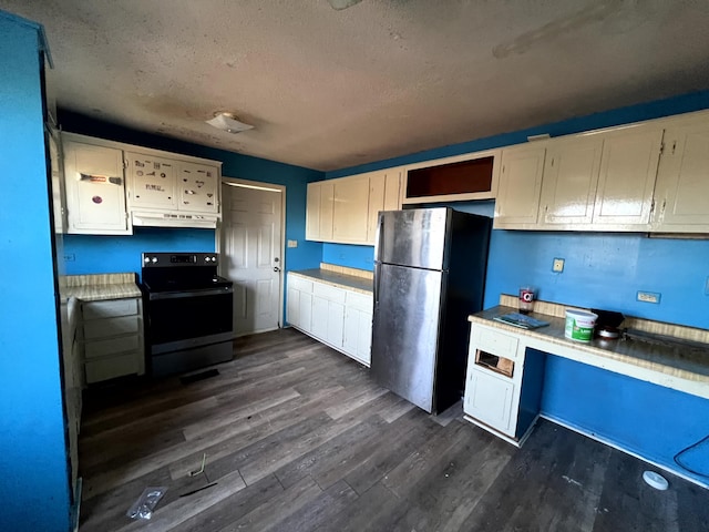 kitchen with black range with electric stovetop, white cabinetry, dark hardwood / wood-style floors, stainless steel fridge, and a textured ceiling