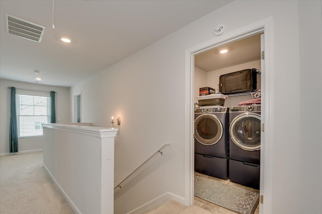 427 Roebuck Pass, Grovetown, GA 30813 - clothes washing area with washing machine and clothes dryer, baseboards, attic access, light carpet, and recessed lighting
