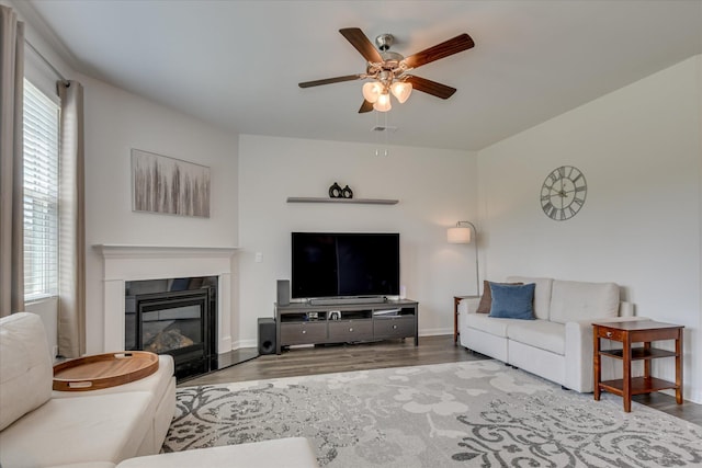 427 Roebuck Pass, Grovetown, GA 30813 - living room with a ceiling fan, a glass covered fireplace, wood finished floors, and baseboards