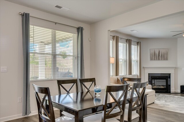 427 Roebuck Pass, Grovetown, GA 30813 - dining space with a glass covered fireplace, wood finished floors, and ceiling fan