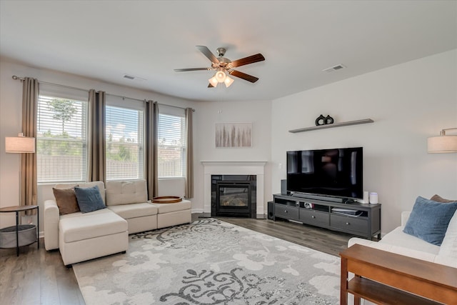 427 Roebuck Pass, Grovetown, GA 30813 - living room with a ceiling fan, a glass covered fireplace, and wood finished floors