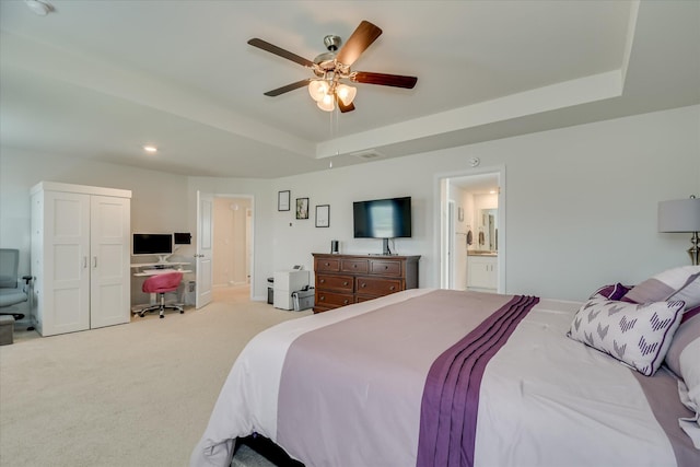427 Roebuck Pass, Grovetown, GA 30813 - bedroom with a tray ceiling, light carpet, a desk, ceiling fan, and ensuite bath