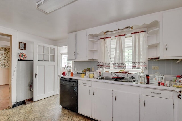 2514 Lumpkin Rd, Augusta, GA 30906 - kitchen with white cabinetry, open shelves, light floors, and dishwasher