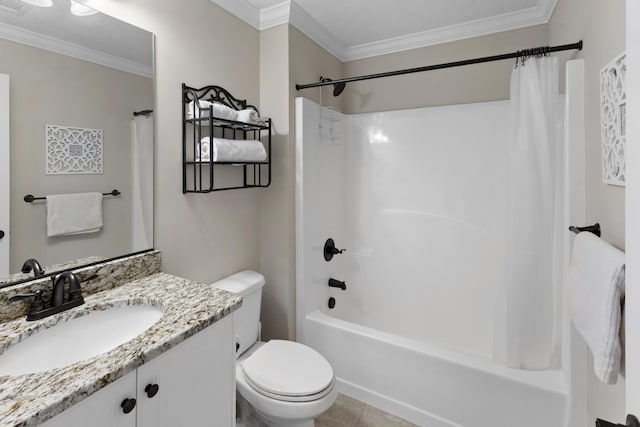 bathroom featuring shower / bath combo, toilet, tile patterned floors, crown molding, and vanity