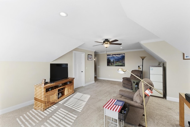 living area featuring light carpet, baseboards, ceiling fan, ornamental molding, and recessed lighting