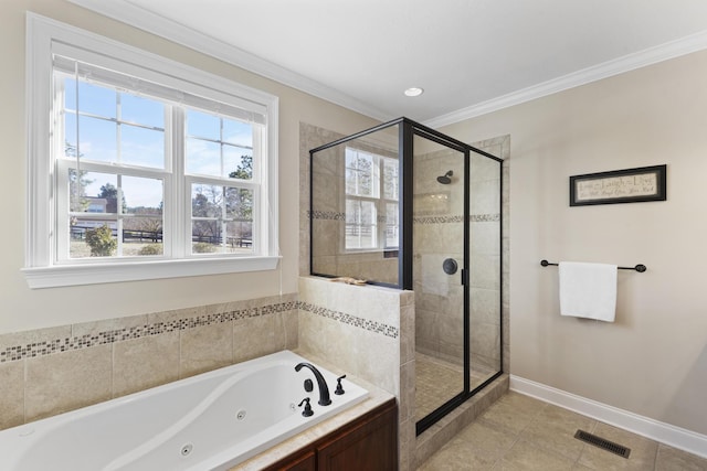 bathroom with visible vents, tile patterned floors, a jetted tub, crown molding, and a shower stall