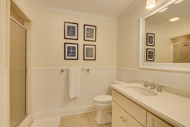 2910 Lake Forest Dr, Augusta, GA 30909 - bathroom with toilet, crown molding, vanity, a shower stall, and tile patterned flooring
