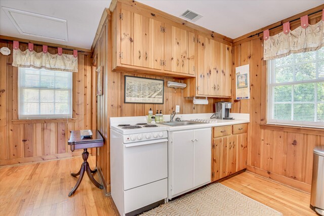 2910 Lake Forest Dr, Augusta, GA 30909 - kitchen featuring electric stove, a sink, light wood-type flooring, wood walls, and light countertops