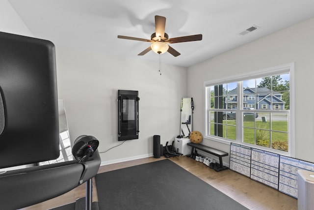 4136 Buffalo Trl, Evans, GA 30809 - exercise room featuring ceiling fan and wood finished floors