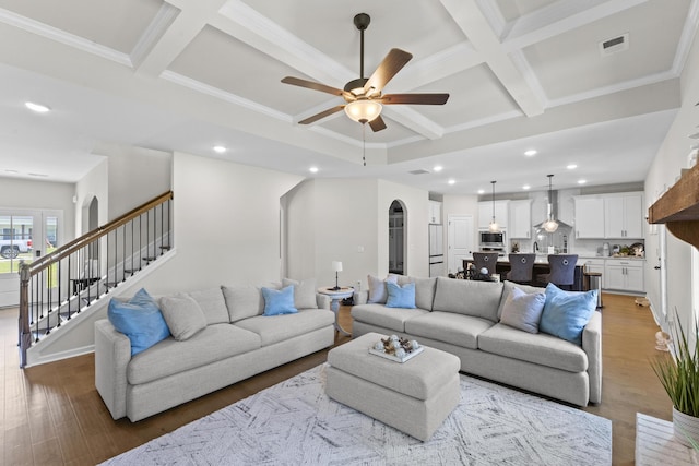 4136 Buffalo Trl, Evans, GA 30809 - living area featuring coffered ceiling, recessed lighting, ceiling fan, beam ceiling, and wood finished floors