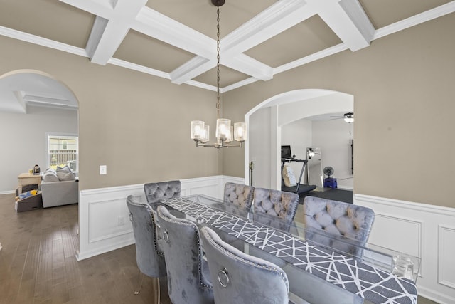 4136 Buffalo Trl, Evans, GA 30809 - dining space featuring arched walkways, coffered ceiling, a wainscoted wall, beam ceiling, and dark wood-style flooring