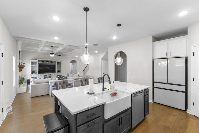 4136 Buffalo Trl, Evans, GA 30809 - kitchen with coffered ceiling, a ceiling fan, light wood-style floors, recessed lighting, and arched walkways