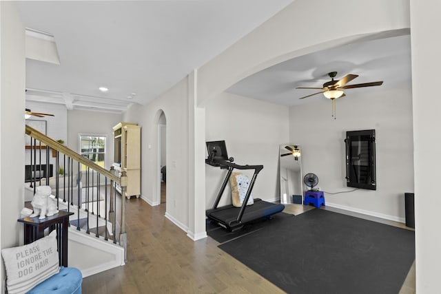 4136 Buffalo Trl, Evans, GA 30809 - exercise area featuring a ceiling fan, arched walkways, wood finished floors, and recessed lighting