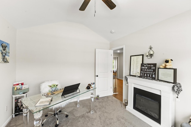 4136 Buffalo Trl, Evans, GA 30809 - office with vaulted ceiling, carpet, a ceiling fan, and a glass covered fireplace