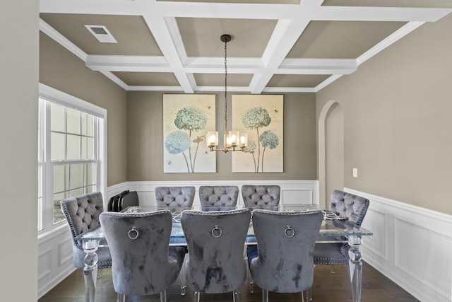 4136 Buffalo Trl, Evans, GA 30809 - dining area featuring a chandelier, a decorative wall, coffered ceiling, wainscoting, and beam ceiling