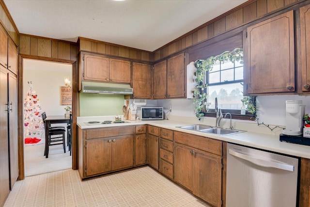 kitchen with white stovetop, stainless steel dishwasher, and sink