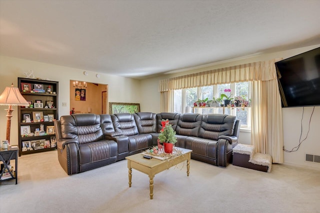 living room featuring light colored carpet