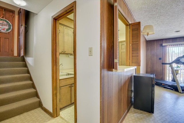 interior space with a textured ceiling, wooden walls, and sink