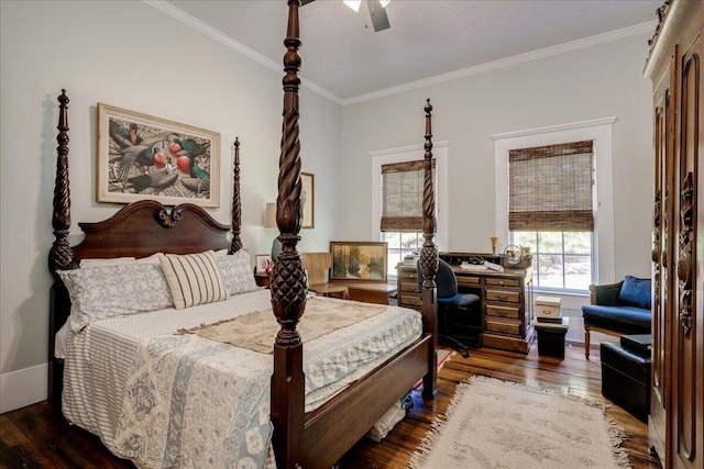 bedroom featuring dark wood-style floors, ornamental molding, a ceiling fan, and baseboards