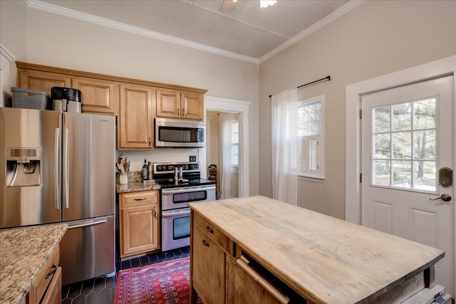 kitchen with plenty of natural light, ornamental molding, stainless steel appliances, and wooden counters