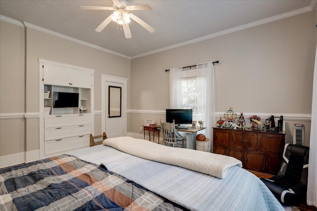 bedroom with a ceiling fan and crown molding