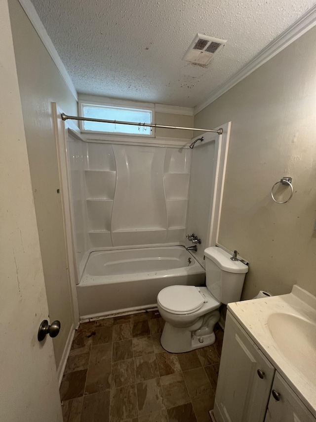 full bathroom with a textured ceiling, vanity, toilet, ornamental molding, and shower / bathtub combination