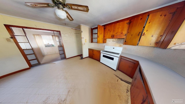 kitchen with ceiling fan, dishwasher, and white electric range oven