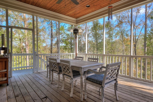 sunroom featuring ceiling fan, plenty of natural light, and wood ceiling