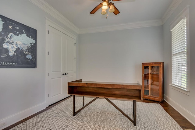 home office featuring dark hardwood / wood-style floors, ceiling fan, and ornamental molding