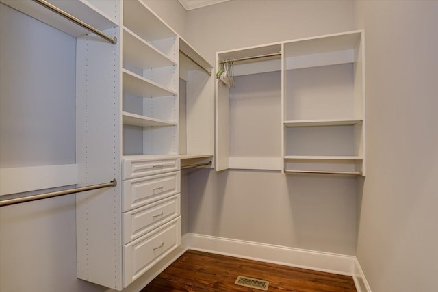 walk in closet with dark wood-type flooring