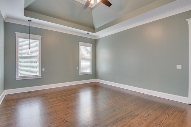 unfurnished room featuring a tray ceiling, a wealth of natural light, dark hardwood / wood-style flooring, and ceiling fan