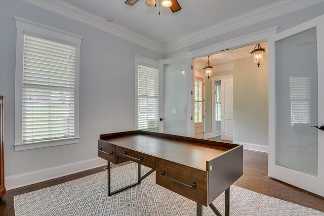 recreation room with crown molding, ceiling fan, and hardwood / wood-style flooring