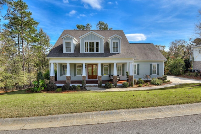 cape cod-style house with a porch, french doors, and a front lawn