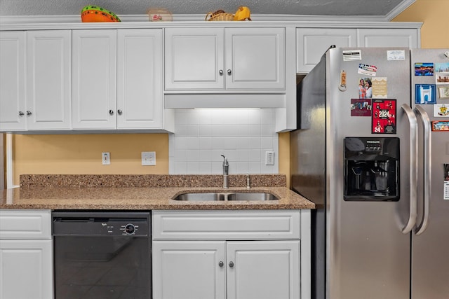 2795 Davis Mill Rd, Hephzibah, GA 30815 - kitchen featuring a sink, decorative backsplash, stainless steel refrigerator with ice dispenser, white cabinetry, and black dishwasher