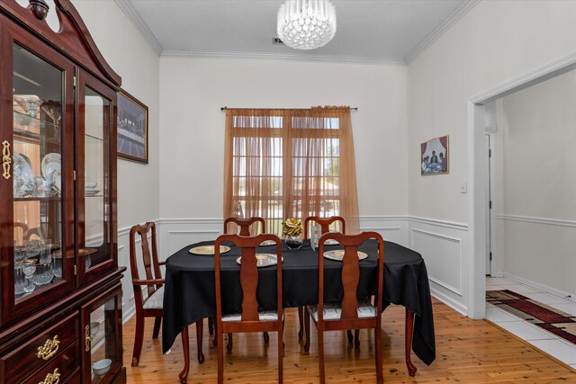 2795 Davis Mill Rd, Hephzibah, GA 30815 - dining area with a wainscoted wall, an inviting chandelier, light wood-style flooring, and crown molding