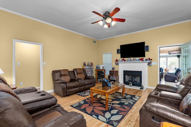 2795 Davis Mill Rd, Hephzibah, GA 30815 - living area featuring a fireplace with flush hearth, light wood-style flooring, ceiling fan, and crown molding