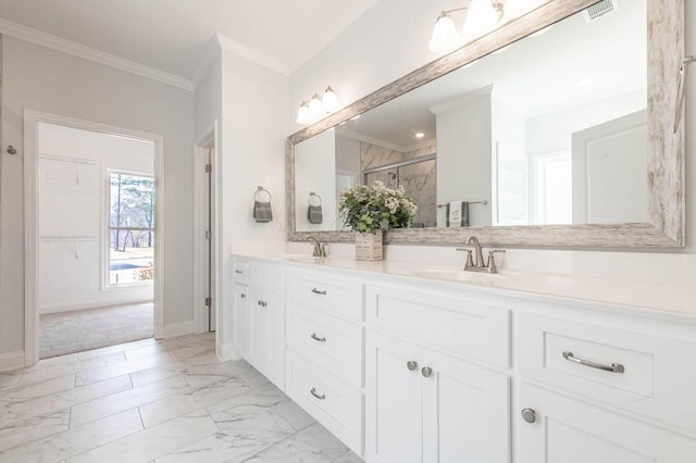 bathroom featuring vanity, crown molding, and a shower with door